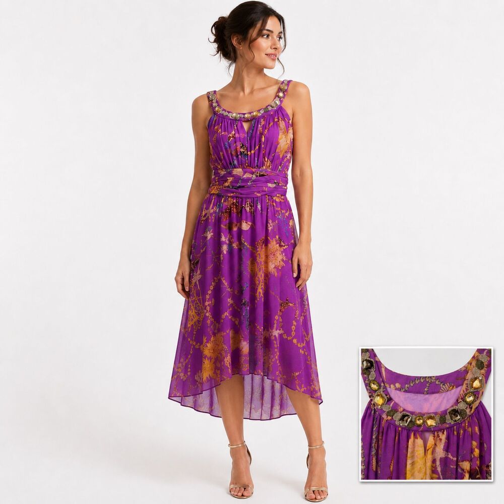 Nine West Lavender Jeweled Neckline Chiffon High-Low Midi Dress Size 10 NWT